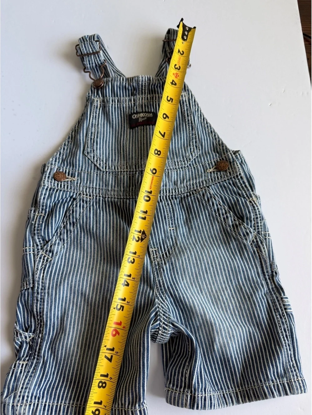 Y2K OshKosh Hickory Stripe Cargo Baby Overalls Shorts Size 18M